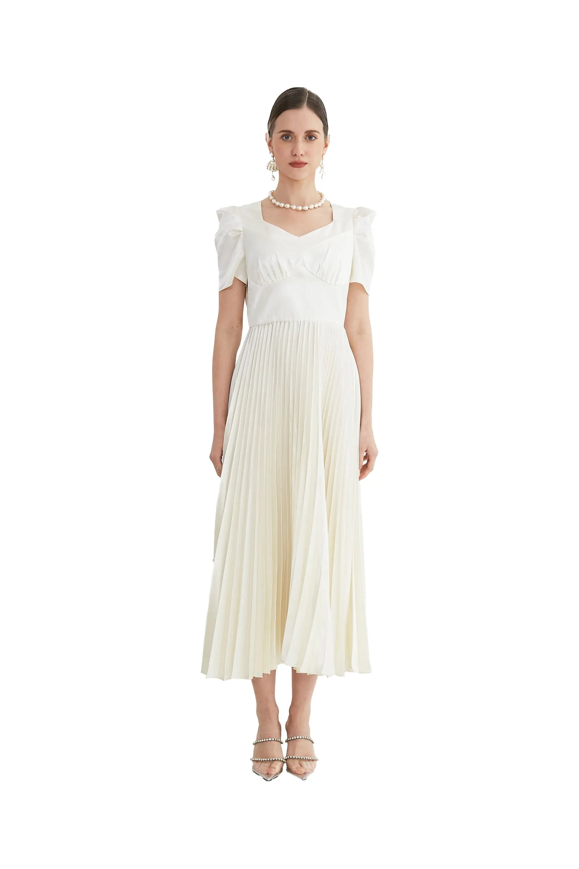 Elegant Cream Pleated Dress - Timeless Beauty ULA